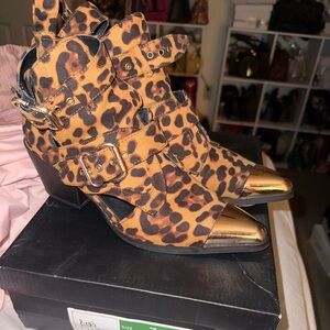 Leopard Print Ankle Boots with Gold Accents